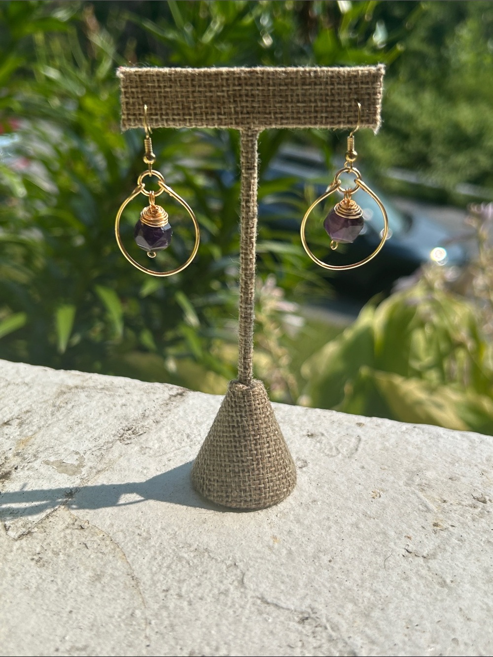 Artisan Gold Hoop Earrings with Purple Amethyst Drop